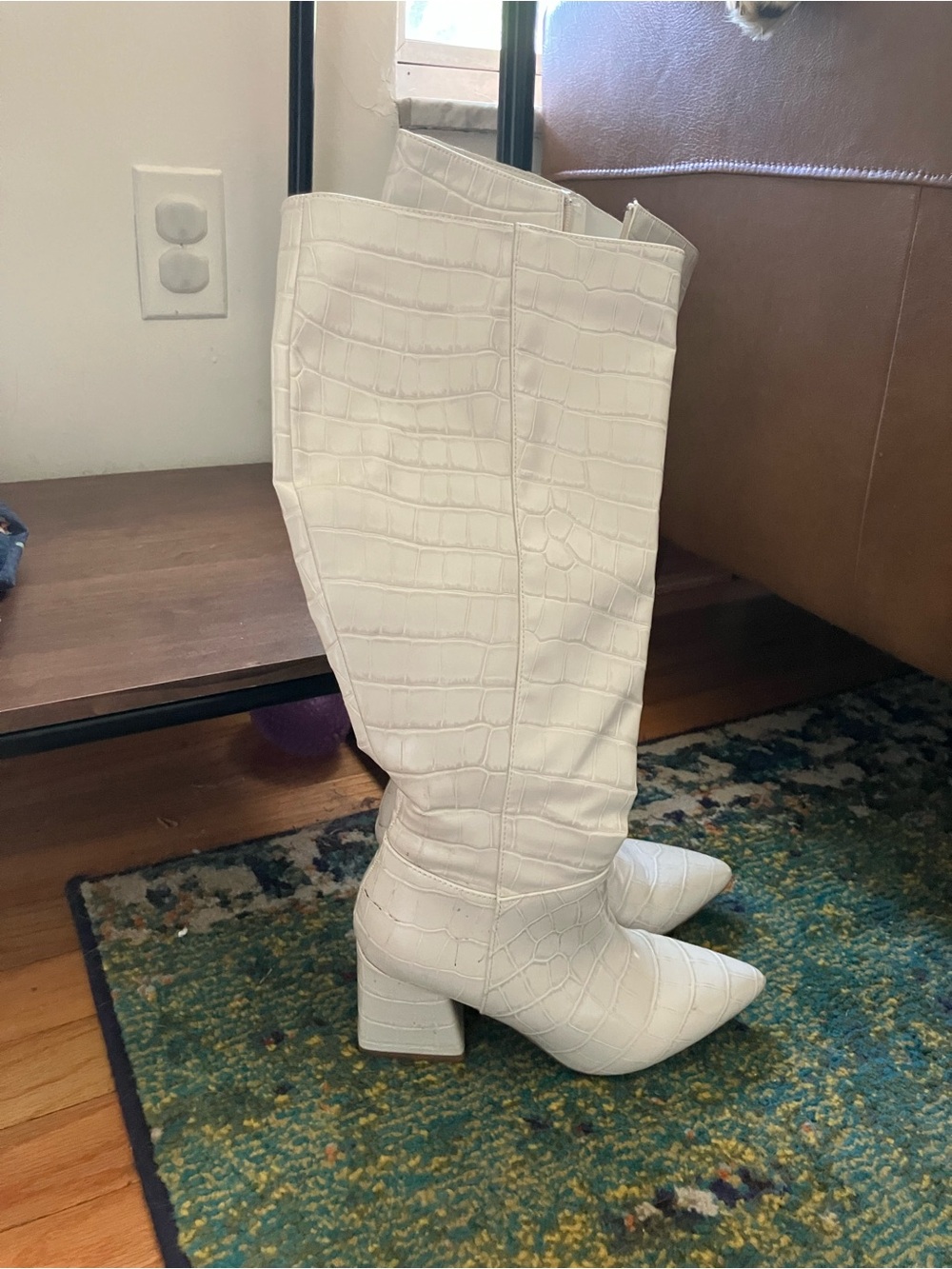 Journee Landree Extra Wide Calf White Croc Knee-High Block Heel Boots